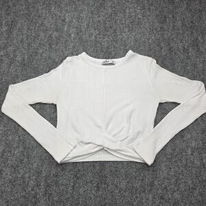 Hollister Shirt Women Medium White Ribbed Long Sleeve Twist Front Crop Top Layer